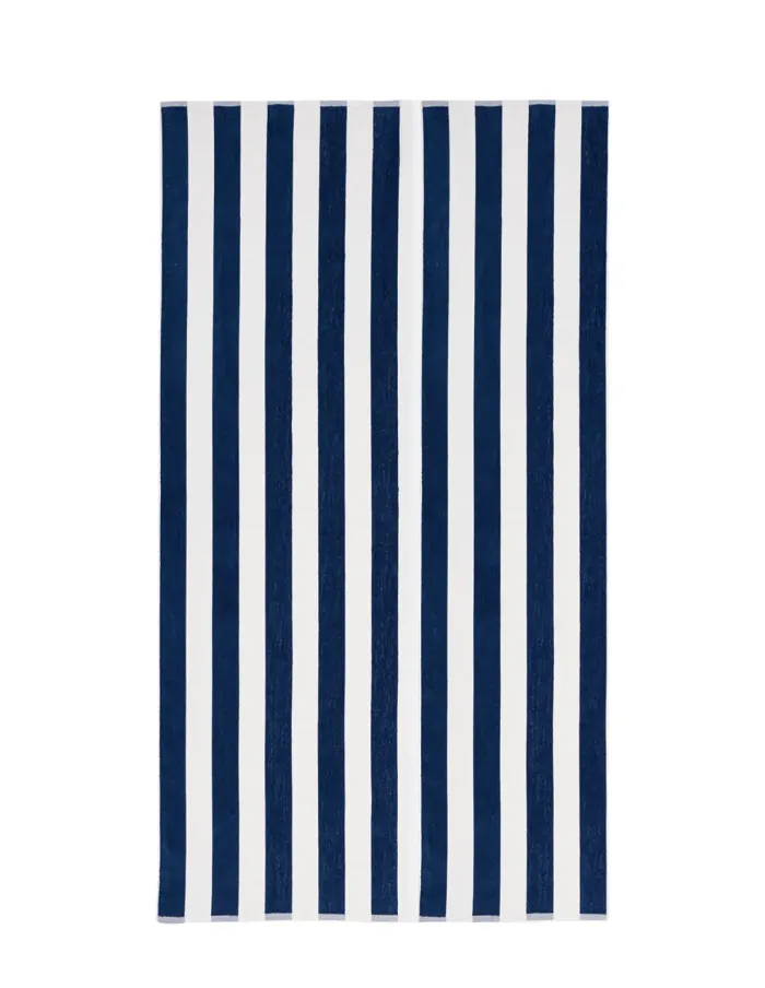 Drap de plage personnalisé brodé à Paris, coloris indigo (modèle Bagatelle, 100 % coton velours jacquard)
