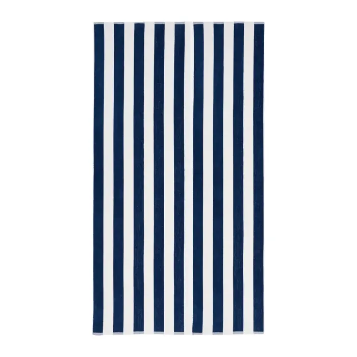 Drap de plage personnalisé brodé à Paris, coloris indigo (modèle Bagatelle, 100 % coton velours jacquard)