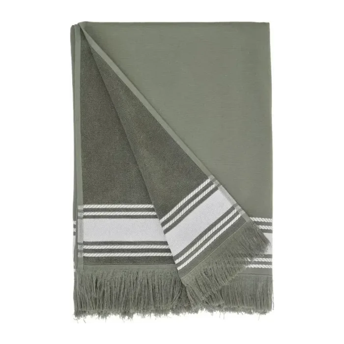 Drap de plage personnalisé brodé à Paris, coloris eucalyptus (modèle Longchamp, 100 % coton, face lisse et dos éponge)