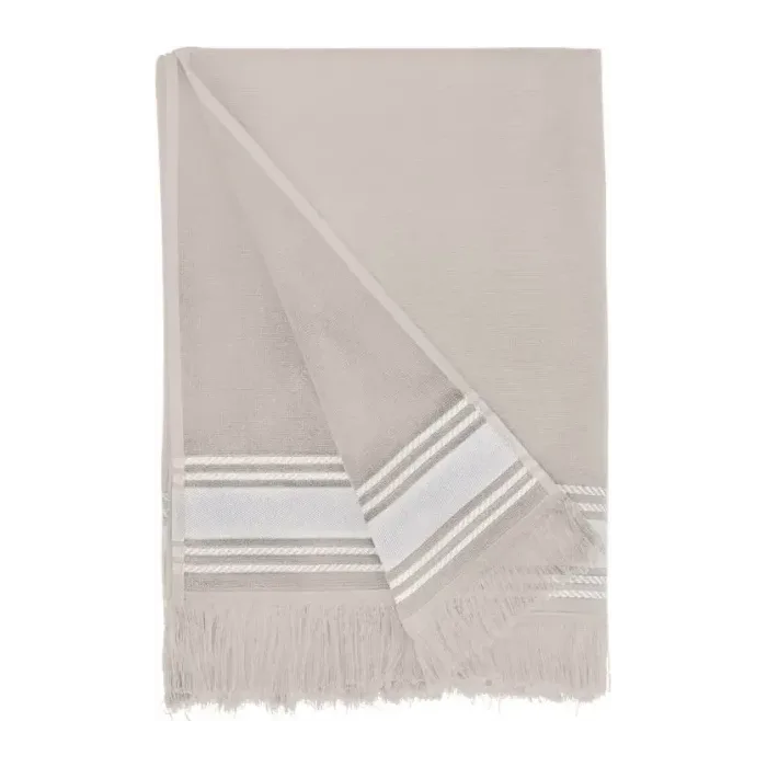 Drap de plage personnalisé brodé à Paris, coloris sable (modèle Longchamp, 100 % coton, face lisse et dos éponge)