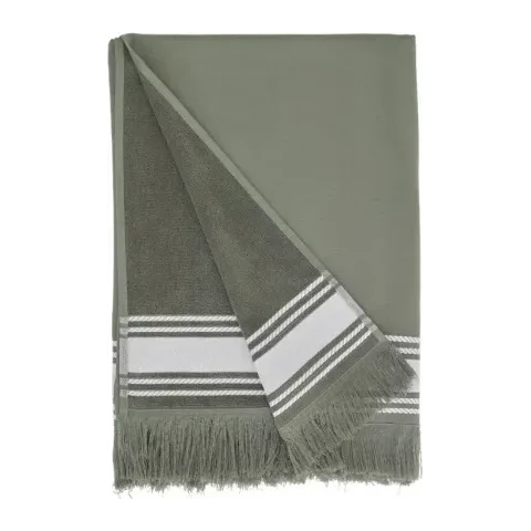 Drap de plage personnalisé brodé à Paris, coloris eucalyptus (modèle Longchamp, 100 % coton, face lisse et dos éponge)
