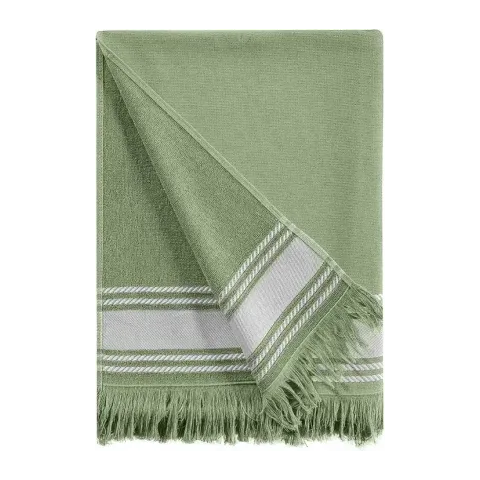Drap de plage personnalisé brodé à Paris, coloris sauge (modèle Longchamp, 100 % coton, face lisse et dos éponge)