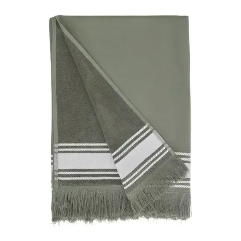 Drap de plage personnalisé brodé à Paris, coloris eucalyptus (modèle Longchamp, 100 % coton, face lisse et dos éponge)