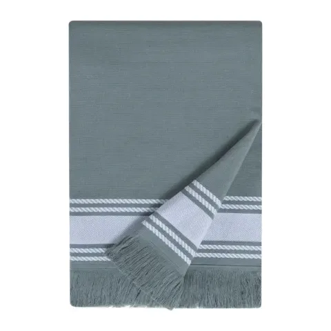 Drap de plage personnalisé brodé à Paris, coloris lichen (modèle Longchamp, 100 % coton, face lisse et dos éponge)