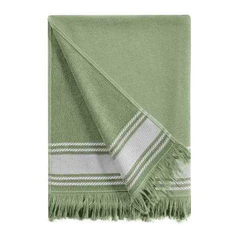 Drap de plage personnalisé brodé à Paris, coloris sauge (modèle Longchamp, 100 % coton, face lisse et dos éponge)
