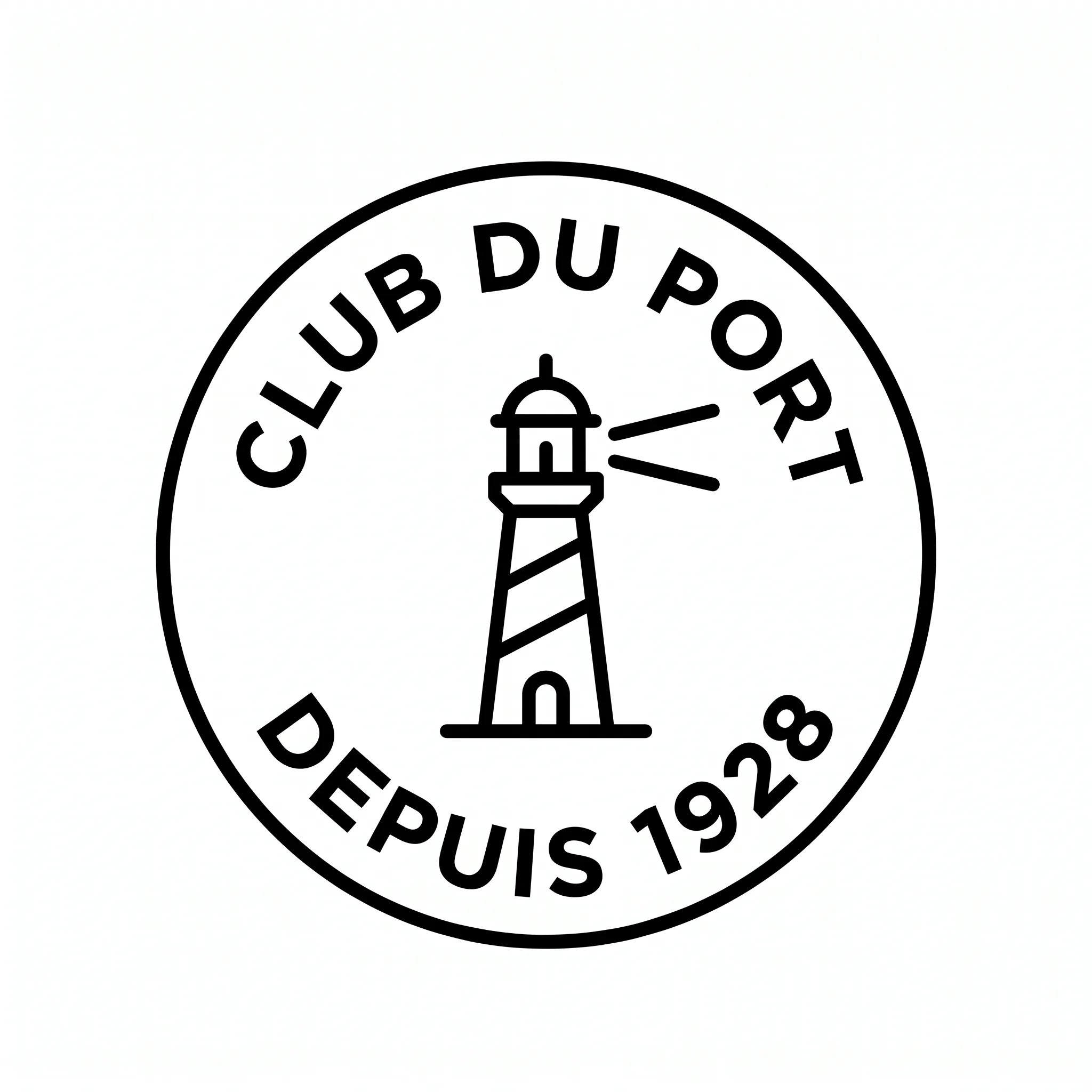 Exemple de logo brodable : blason monochrome, cercle fin, pictogramme plein, texte courbé. rendu sceau.