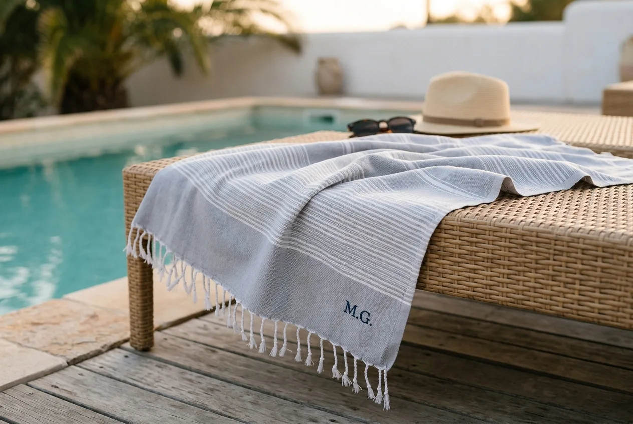 Fouta personnalisée brodée : fouta brodée personnalisée au bord d'une piscine, monogramme brodé sur la bande