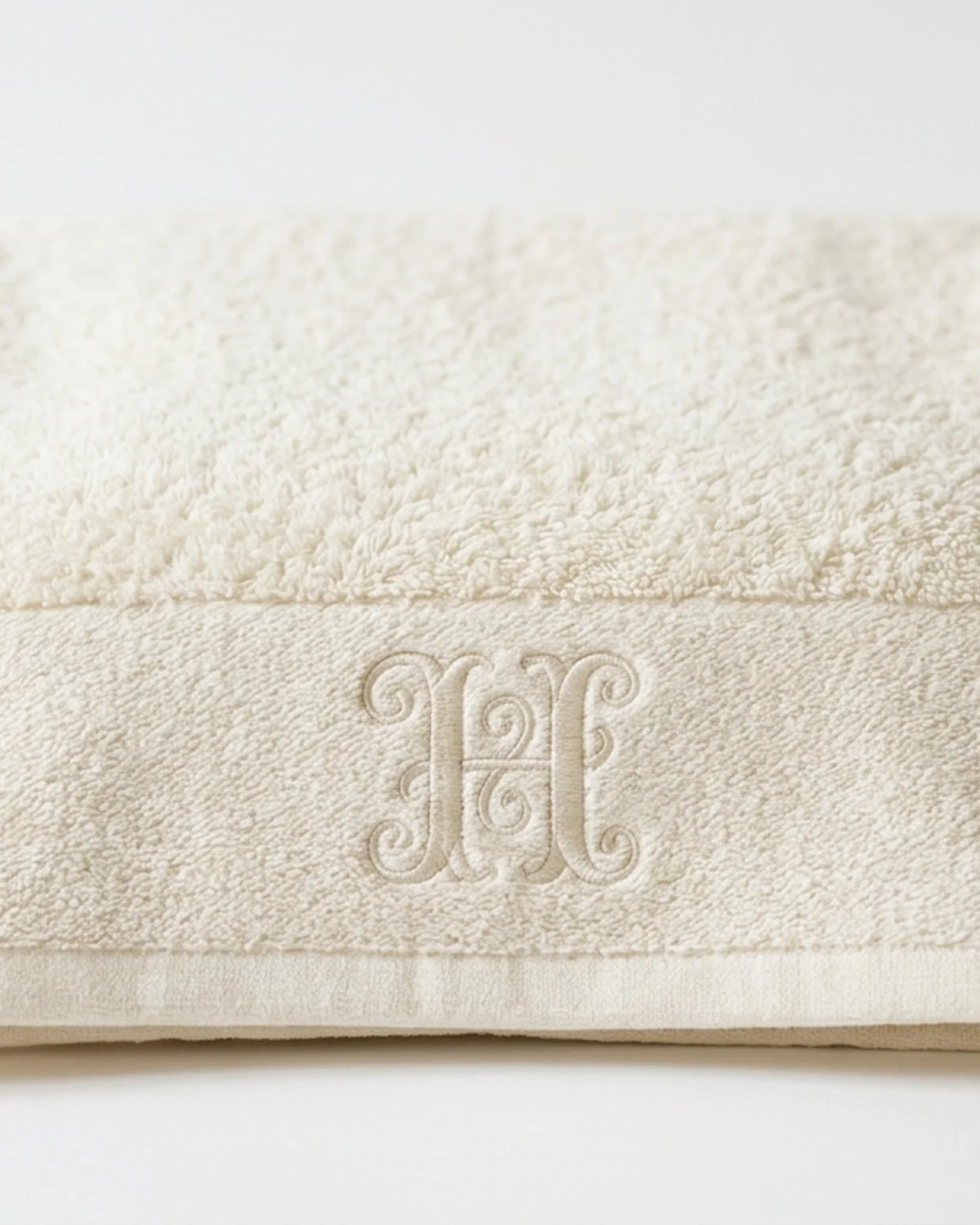 Serviette d'hôtel écru brodée d'un monogramme H doré, linge d'accueil haut de gamme