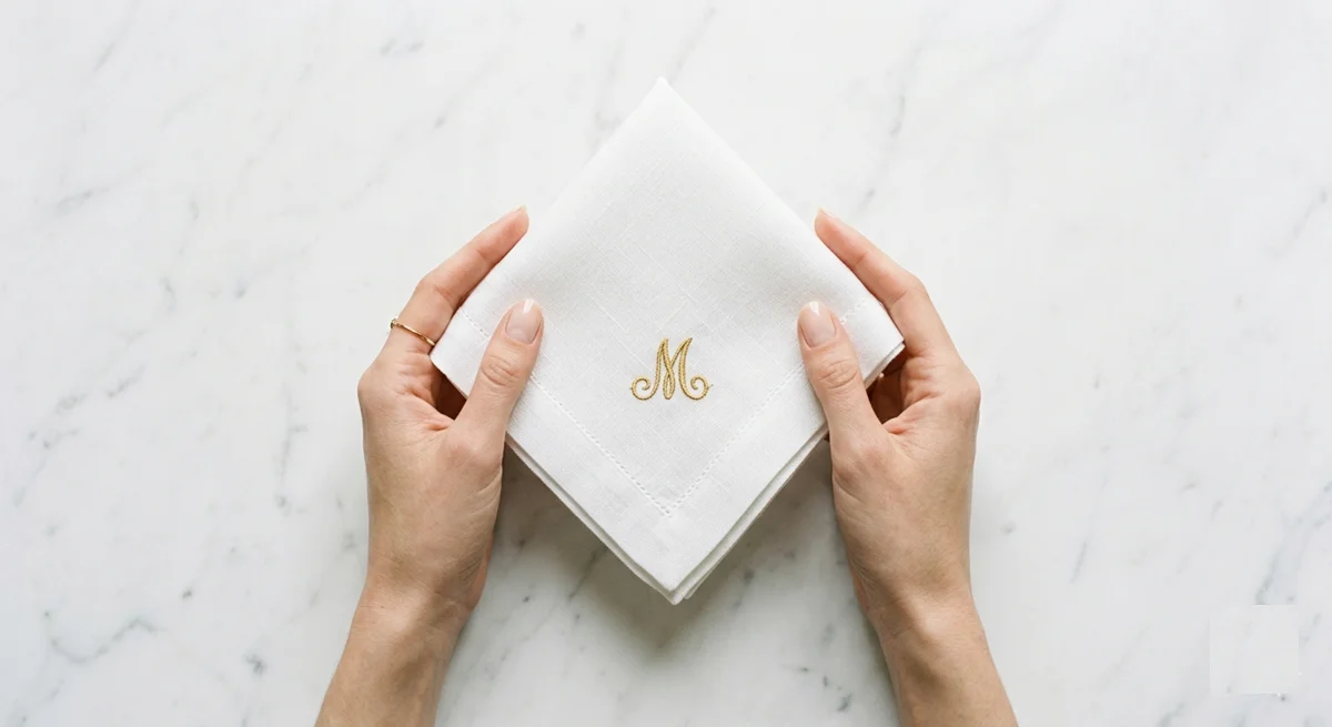 Serviette brodée personnalisée à Paris : monogramme script brodé fil or sur serviette de table, atelier de broderie