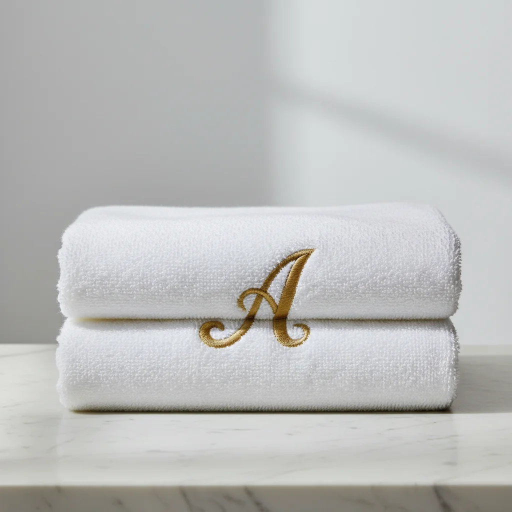 Deux serviettes de bain en éponge de coton peigné pliées, monogramme brodé or, à Paris
