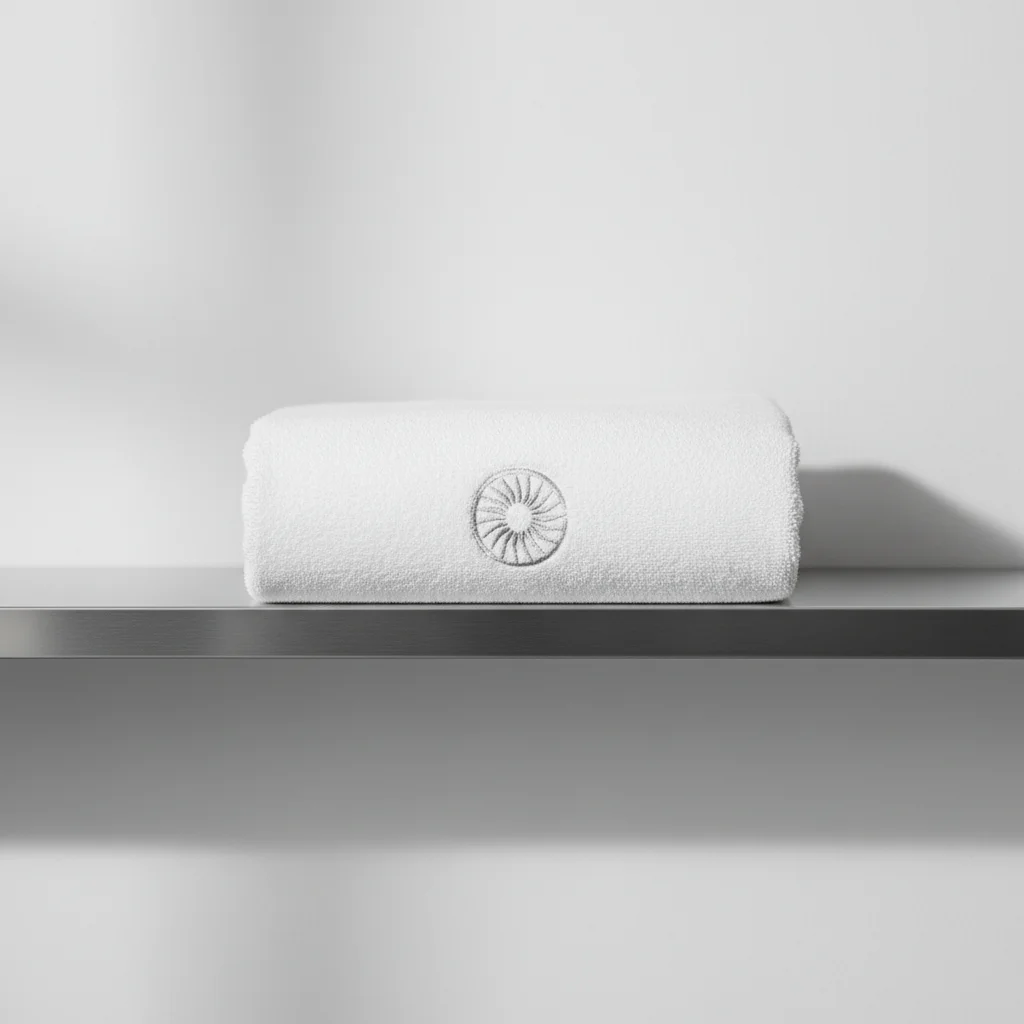 Logo brodé ton sur ton sur serviette roulée, atelier de Paris