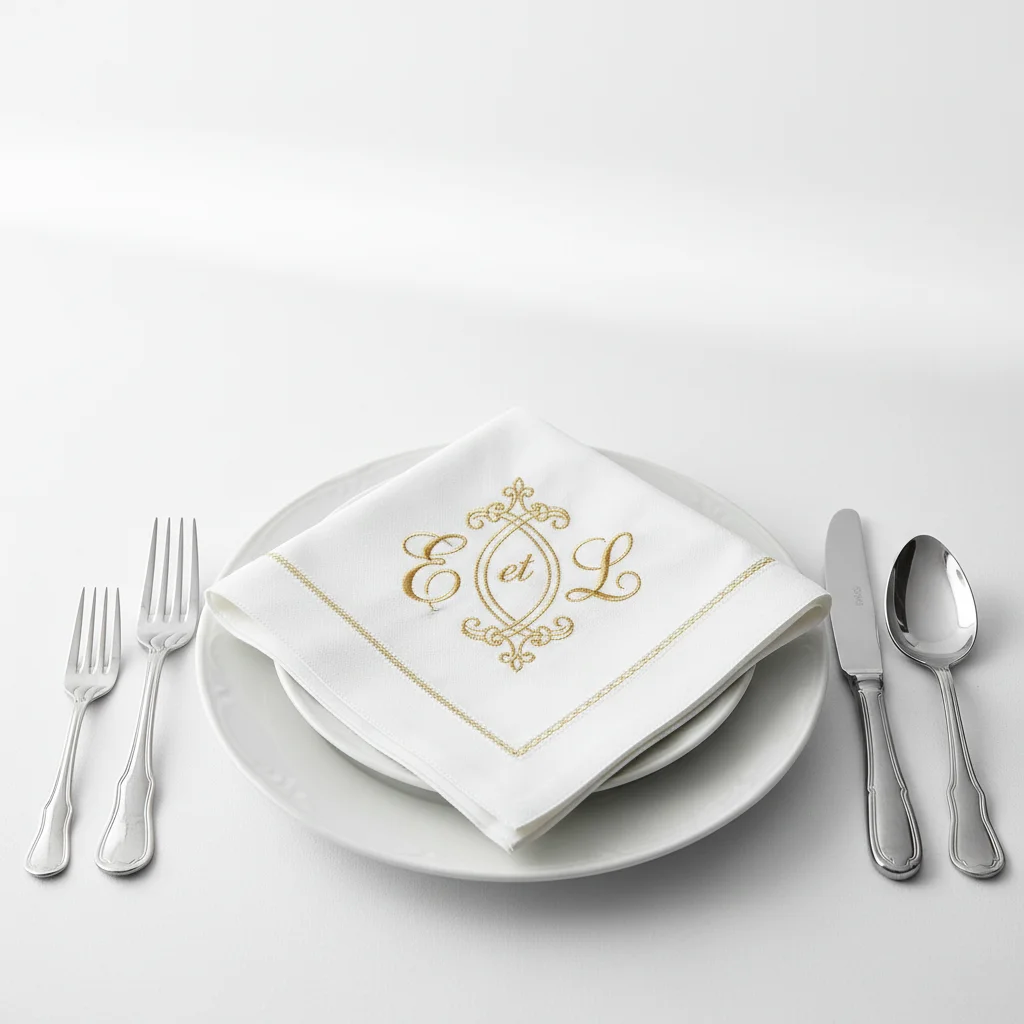 Inspiration dressage de table de mariage, serviette brodée d'un monogramme, atelier Paris