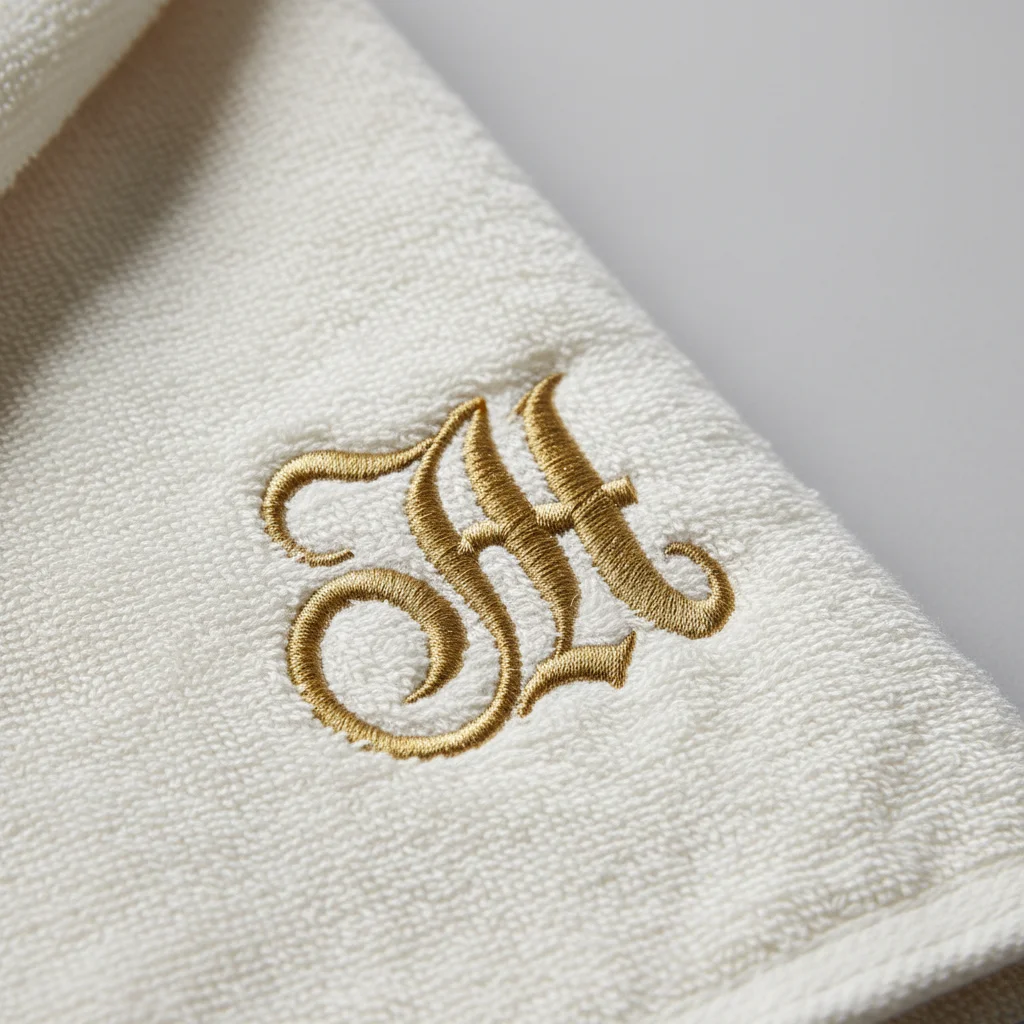 Inspiration serviette personnalisée brodée d'un monogramme JH fil or, atelier Paris