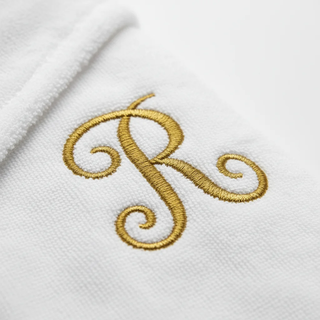 Gros plan d'un monogramme brodé fil doré sur éponge de coton, texture de la boucle, à Paris