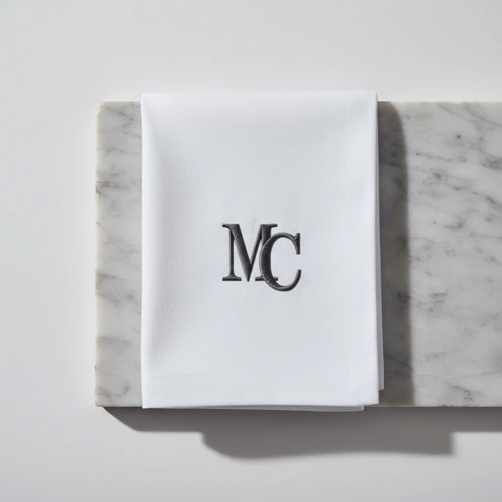 Monogramme MC brodé gris sur serviette de table en lin, à plat, à Paris