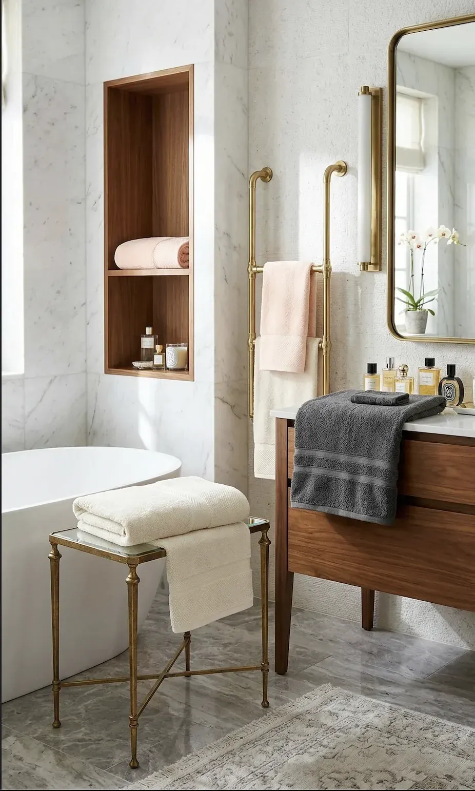 Serviette de bain personnalisée : serviettes de bain brodées pliées dans une salle de bain en marbre