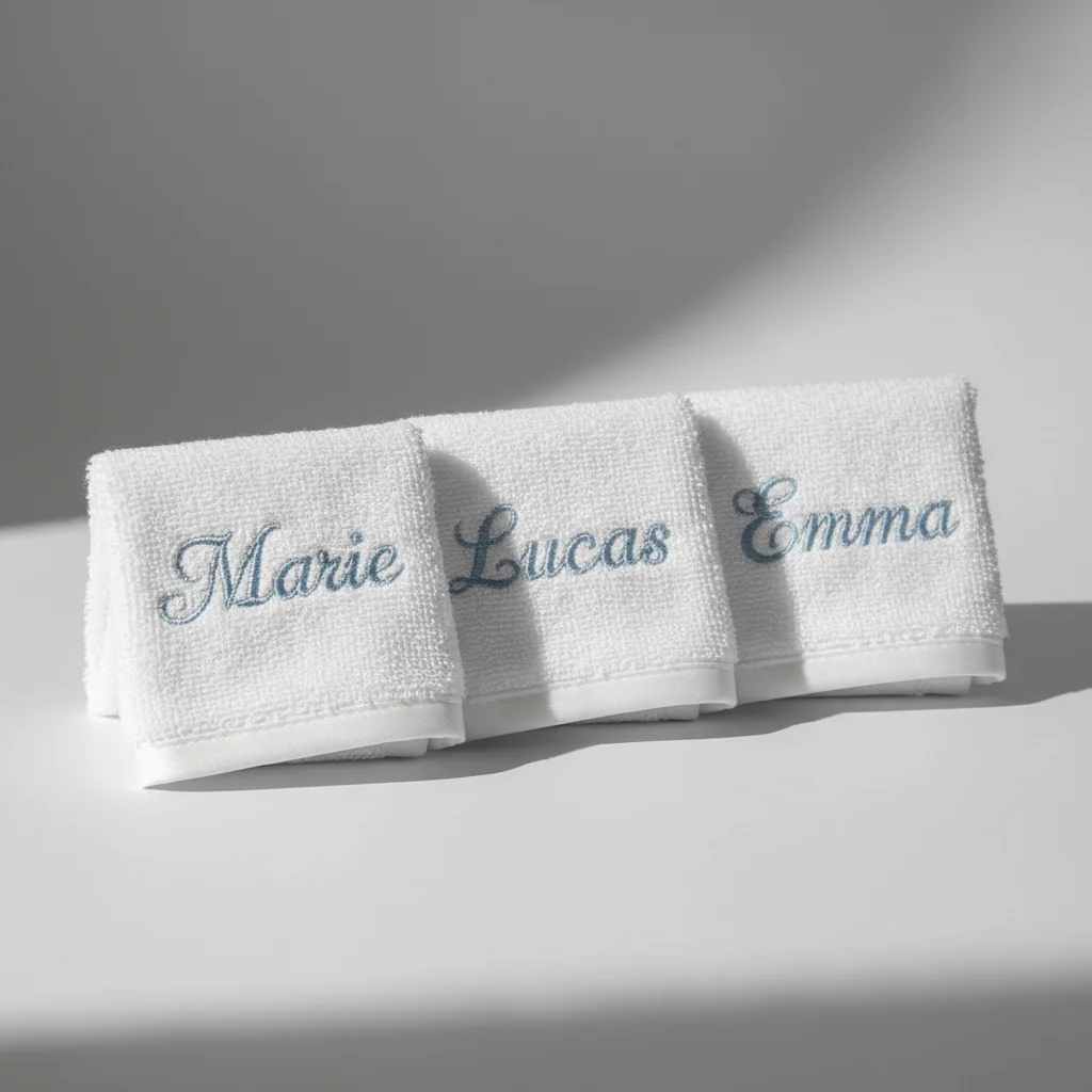Trois serviettes invité en éponge blanche brodées des prénoms Marie, Lucas et Emma en fil bleu, alignées après production