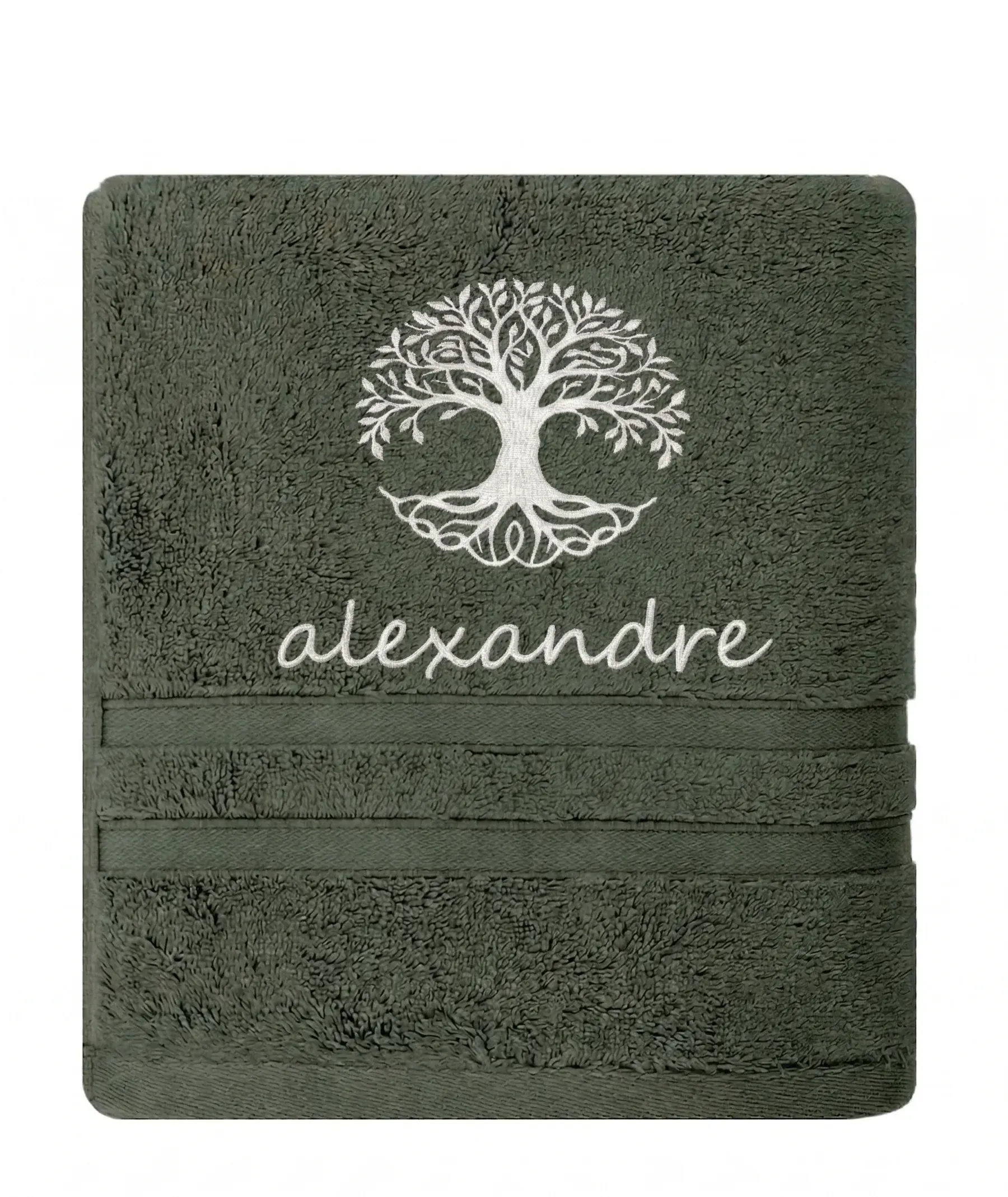 Inspiration linge personnalisé brodé du prénom Alexandre, motif arbre de vie, atelier Paris