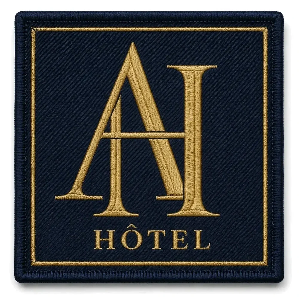 Atelier de broderie personnalisée : écusson brodé appliqué : monogramme AH et mention Hôtel brodés en fil or sur un écusson marine