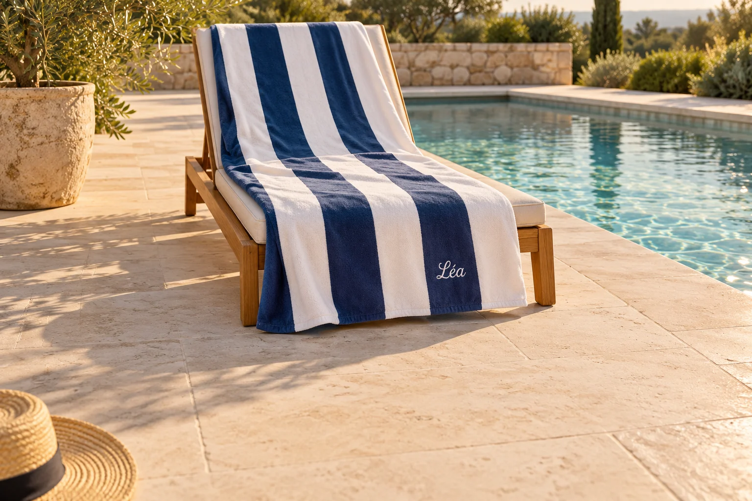 Drap de plage personnalisé rayé indigo et blanc, brodé du prénom Léa en fil blanc, sur un transat au bord d'une piscine