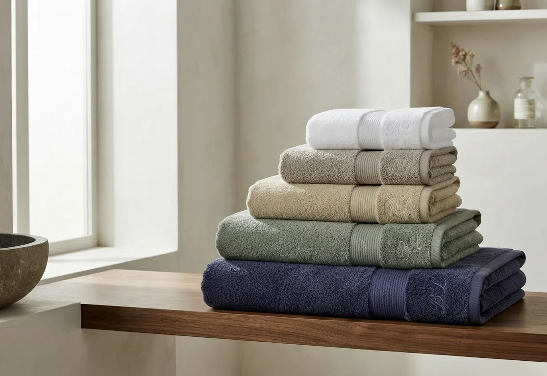 Grammage et matière d'une serviette : pile de serviettes de bain brodées en dégradé de coloris et de grammages, à Paris