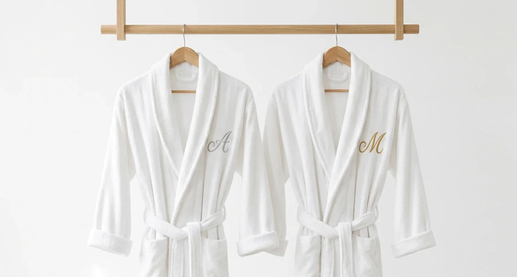 Peignoir personnalisé pour un mariage : duo de peignoirs de mariage Madame et Monsieur, brodés aux initiales A et M