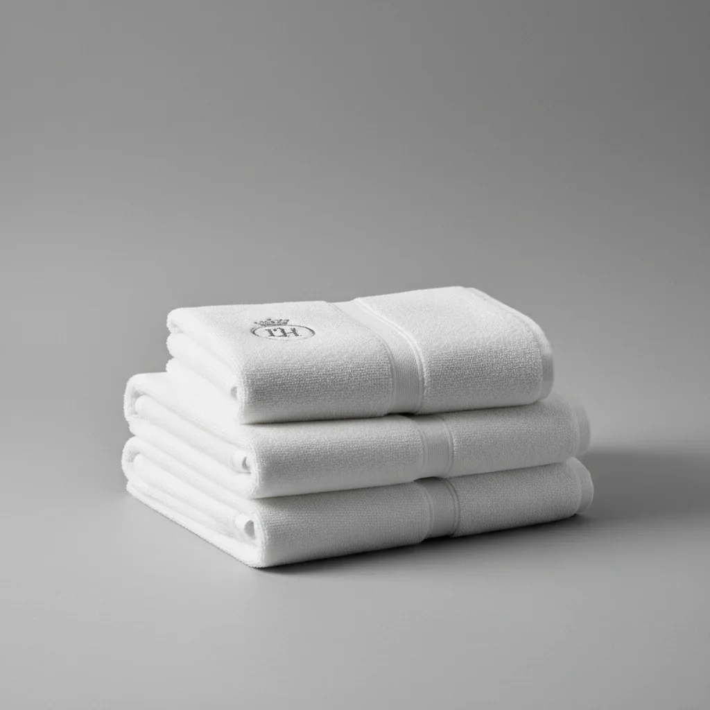 Prix d'une serviette personnalisée brodée : pile de serviettes de bain blanches brodées d'un monogramme