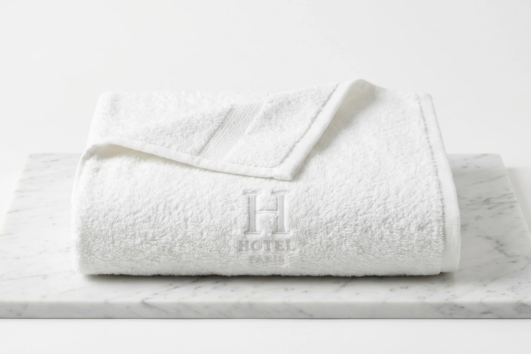 Serviette brodée personnalisée : logo H Hôtel Paris brodé ton sur ton sur serviette de bain blanche, atelier parisien