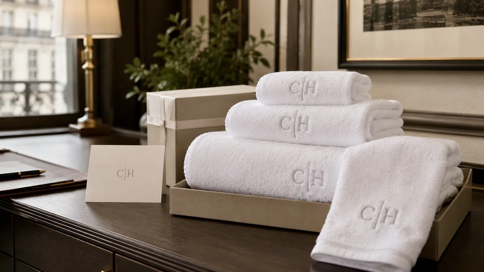 Serviette entreprise personnalisée : coffret de serviettes d'entreprise brodées d'un monogramme C|H ton sur ton