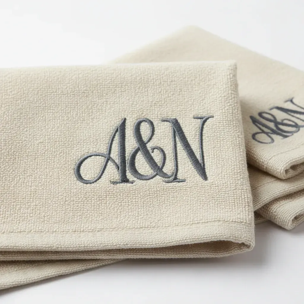 Serviette entreprise personnalisée : deux serviettes d'entreprise en coton crème brodées d'un monogramme A&N au fil gris