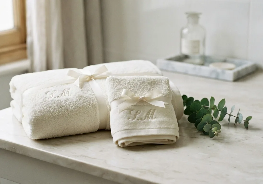 Serviette personnalisée en petite quantité : petite série de serviettes crème monogrammées