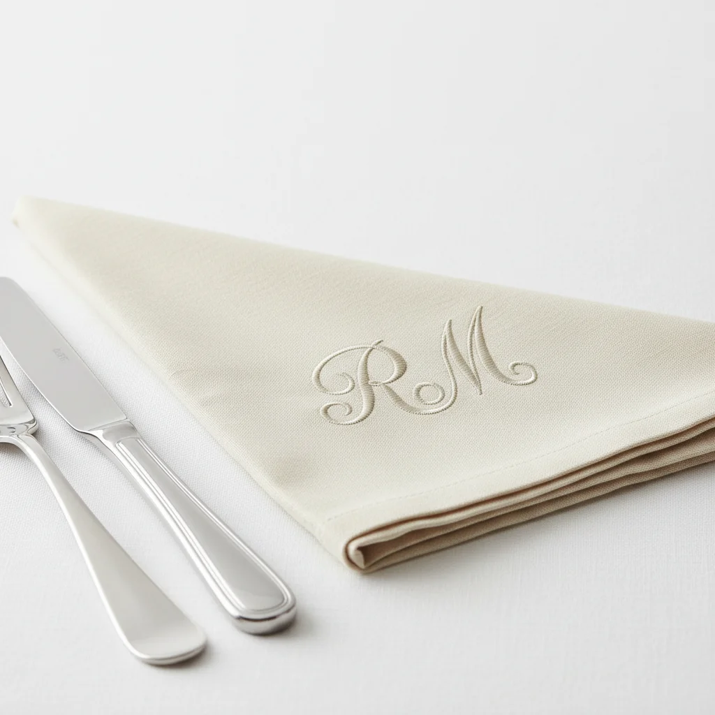 Serviette de restaurant au logo brodé : serviette de restaurant brodée au logo de la maison dans l'angle
