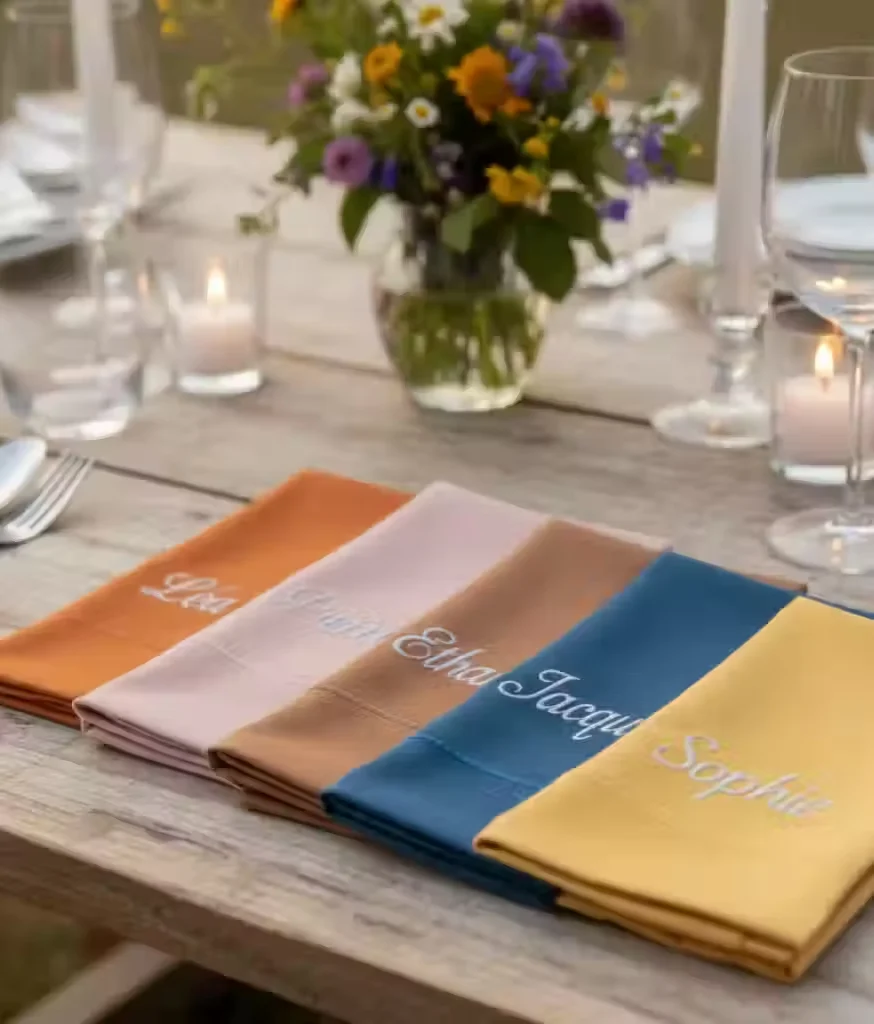 Serviette de restaurant au logo brodé : serviette restaurant personnalisée : serviettes de table de couleur brodées en script aux prénoms des convives, sur une table dressée